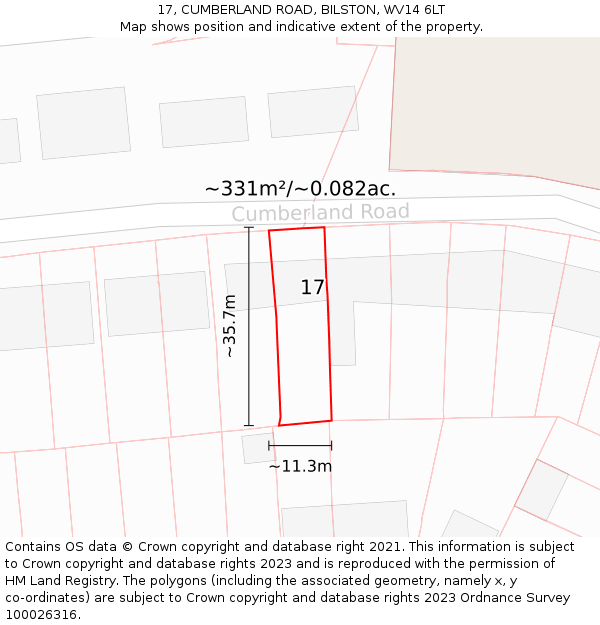 17, CUMBERLAND ROAD, BILSTON, WV14 6LT: Plot and title map