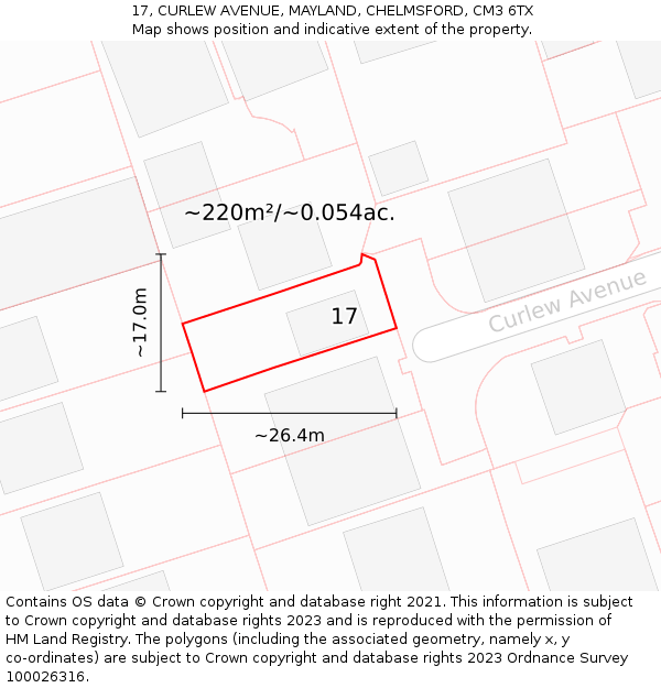 17, CURLEW AVENUE, MAYLAND, CHELMSFORD, CM3 6TX: Plot and title map