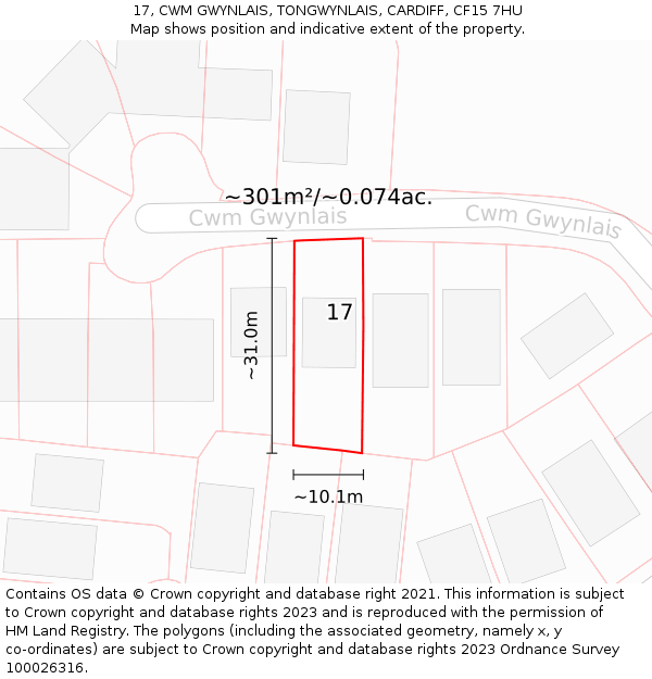 17, CWM GWYNLAIS, TONGWYNLAIS, CARDIFF, CF15 7HU: Plot and title map