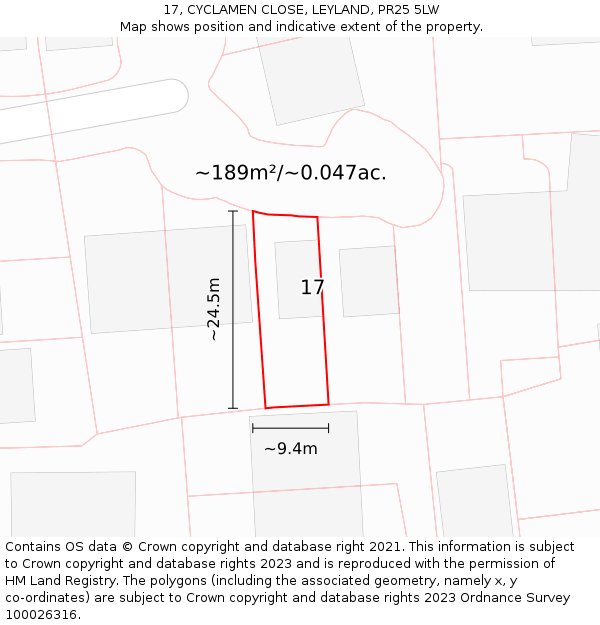 17, CYCLAMEN CLOSE, LEYLAND, PR25 5LW: Plot and title map