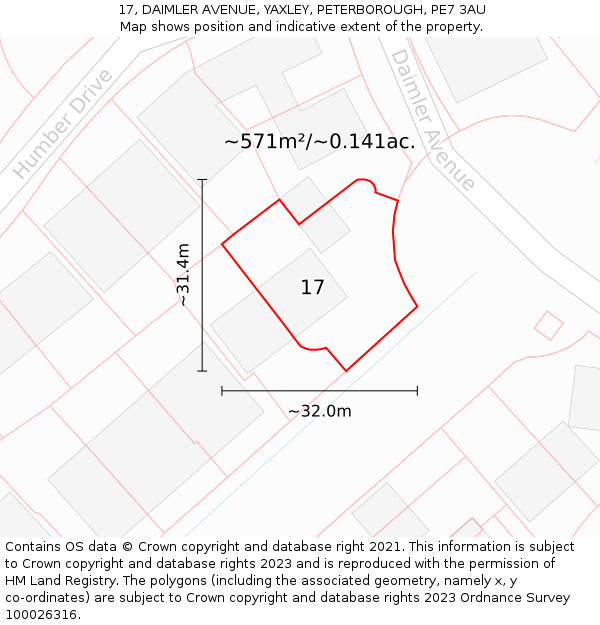 17, DAIMLER AVENUE, YAXLEY, PETERBOROUGH, PE7 3AU: Plot and title map