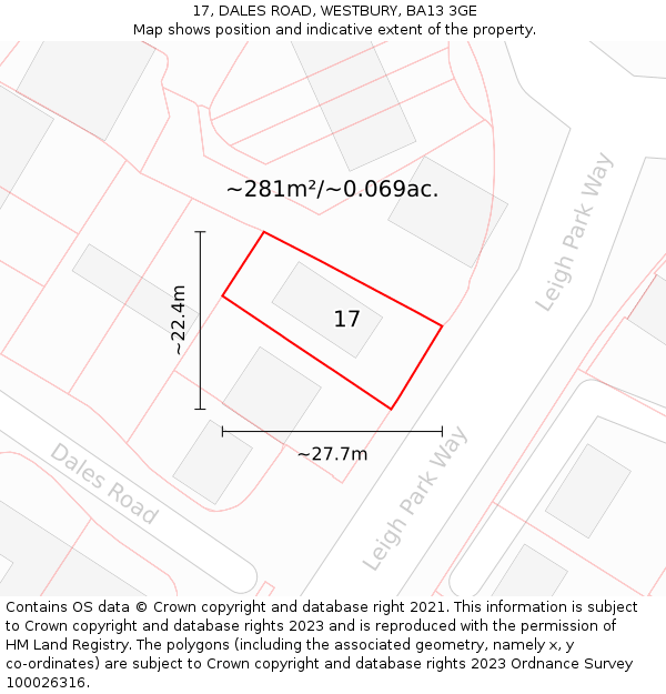 17, DALES ROAD, WESTBURY, BA13 3GE: Plot and title map