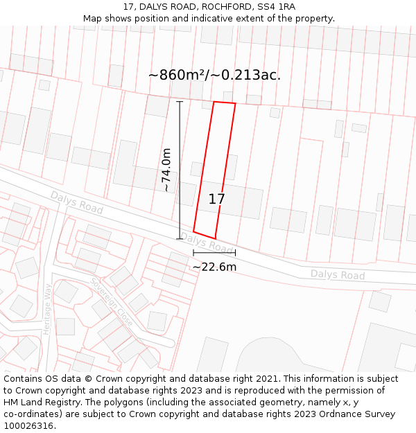 17, DALYS ROAD, ROCHFORD, SS4 1RA: Plot and title map