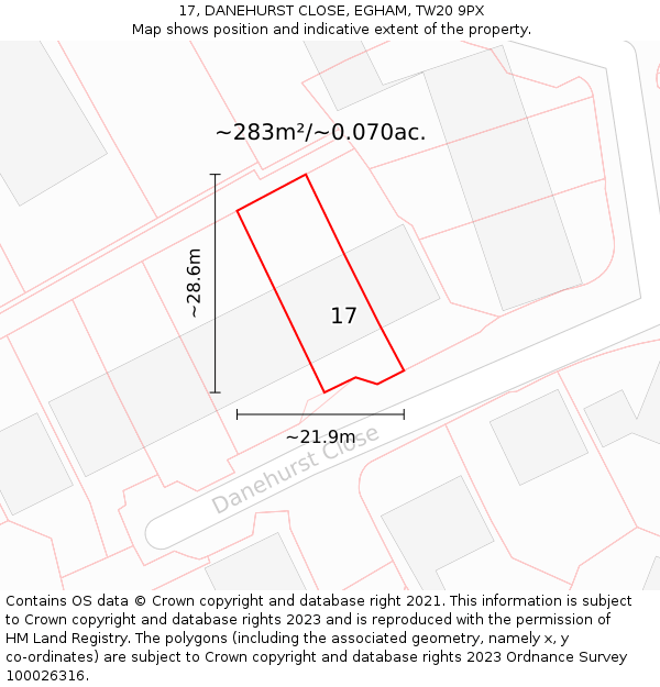 17, DANEHURST CLOSE, EGHAM, TW20 9PX: Plot and title map