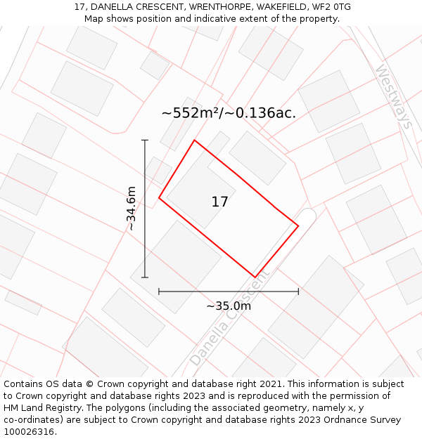 17, DANELLA CRESCENT, WRENTHORPE, WAKEFIELD, WF2 0TG: Plot and title map