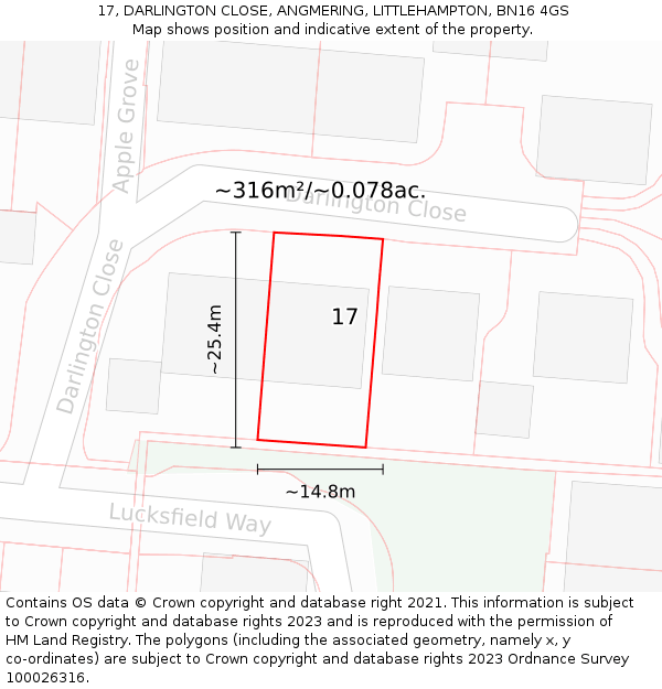 17, DARLINGTON CLOSE, ANGMERING, LITTLEHAMPTON, BN16 4GS: Plot and title map