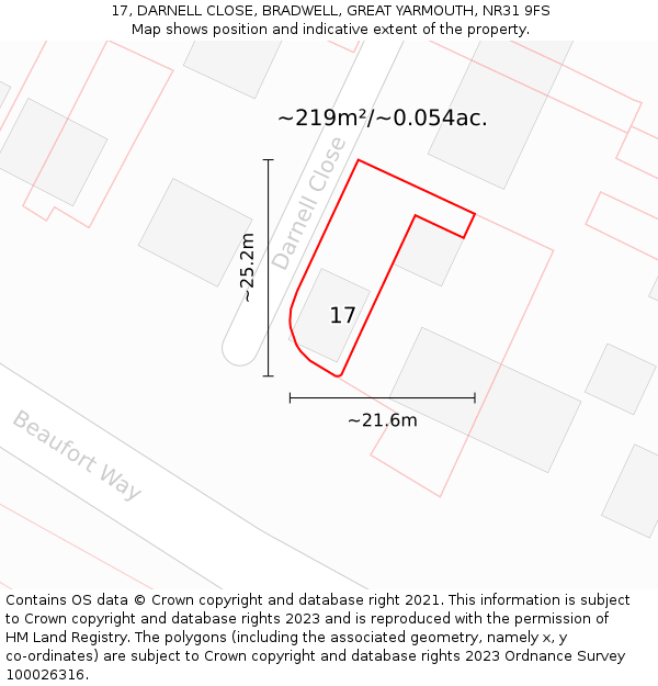 17, DARNELL CLOSE, BRADWELL, GREAT YARMOUTH, NR31 9FS: Plot and title map