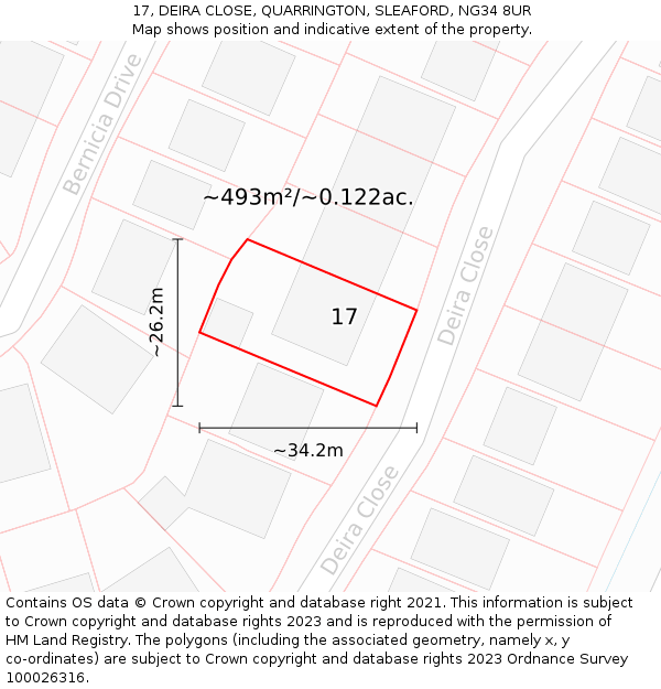 17, DEIRA CLOSE, QUARRINGTON, SLEAFORD, NG34 8UR: Plot and title map