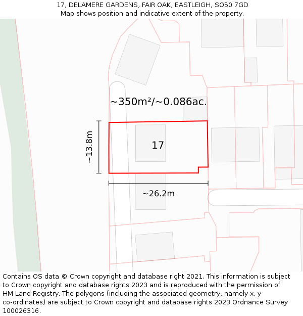 17, DELAMERE GARDENS, FAIR OAK, EASTLEIGH, SO50 7GD: Plot and title map