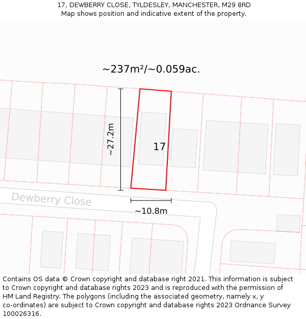 17, DEWBERRY CLOSE, TYLDESLEY, MANCHESTER, M29 8RD: Plot and title map