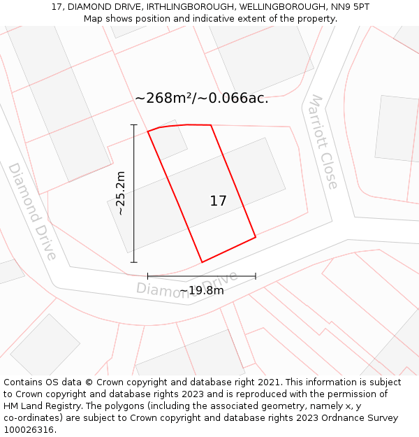 17, DIAMOND DRIVE, IRTHLINGBOROUGH, WELLINGBOROUGH, NN9 5PT: Plot and title map