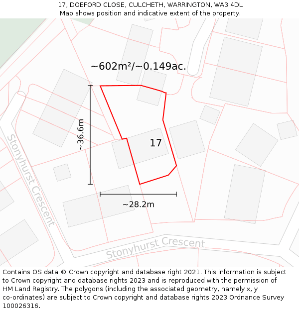 17, DOEFORD CLOSE, CULCHETH, WARRINGTON, WA3 4DL: Plot and title map