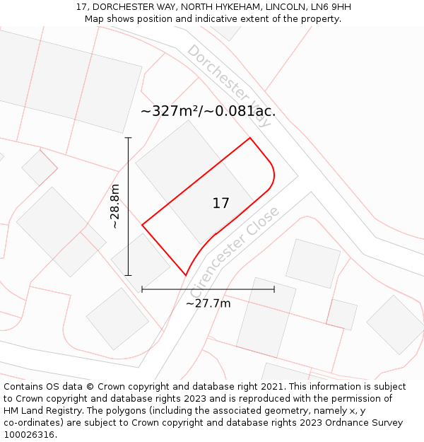 17, DORCHESTER WAY, NORTH HYKEHAM, LINCOLN, LN6 9HH: Plot and title map