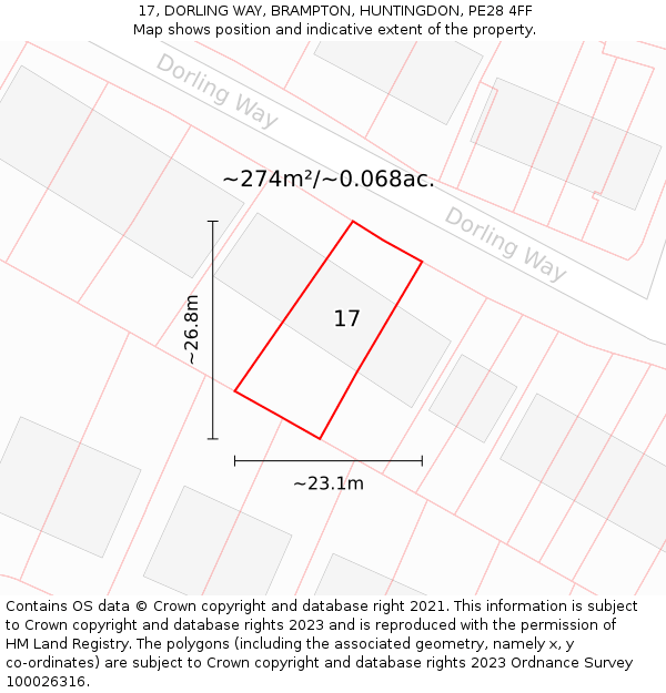 17, DORLING WAY, BRAMPTON, HUNTINGDON, PE28 4FF: Plot and title map