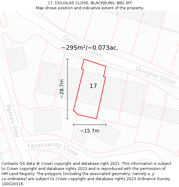 17, DOUGLAS CLOSE, BLACKBURN, BB2 4FF: Plot and title map