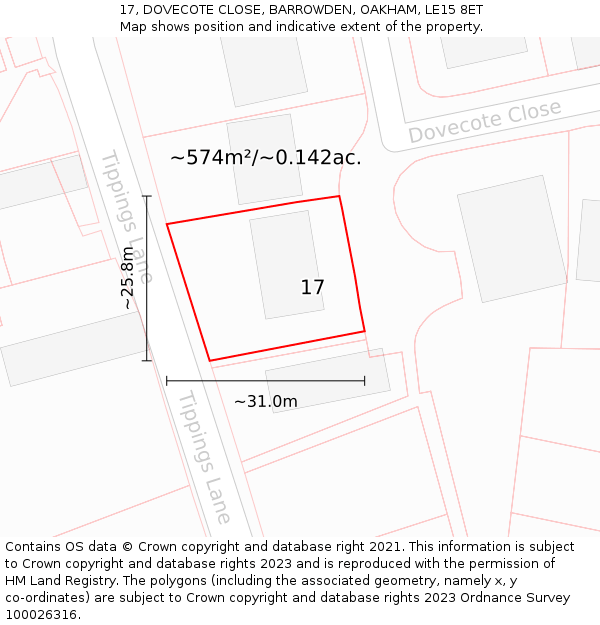 17, DOVECOTE CLOSE, BARROWDEN, OAKHAM, LE15 8ET: Plot and title map