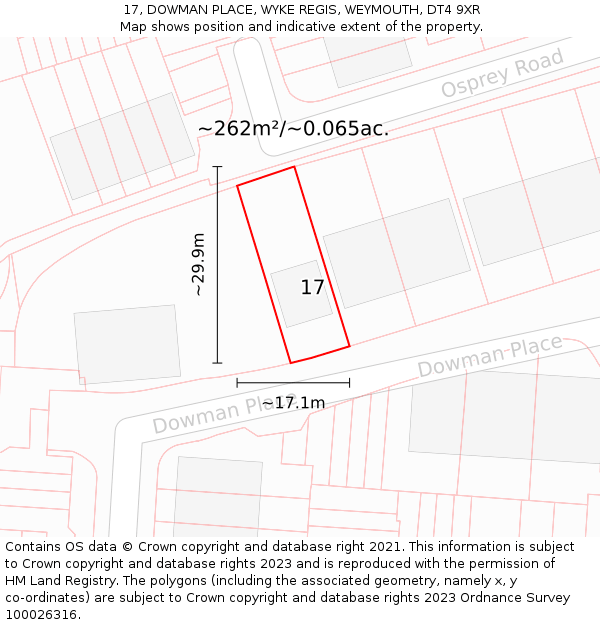 17, DOWMAN PLACE, WYKE REGIS, WEYMOUTH, DT4 9XR: Plot and title map