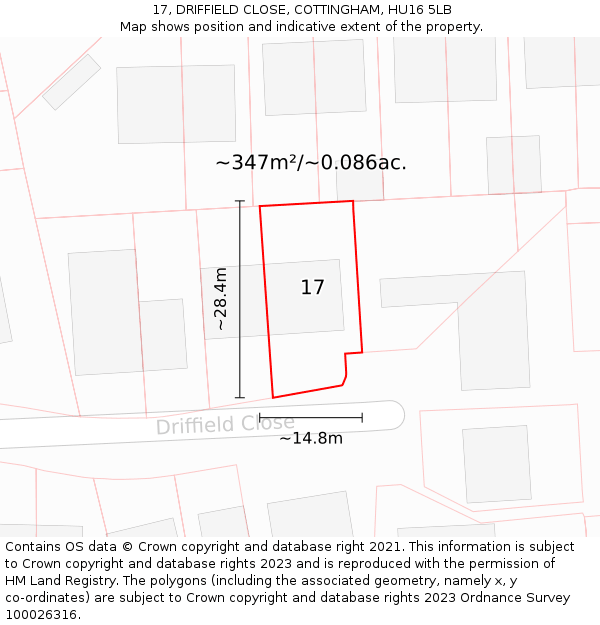 17, DRIFFIELD CLOSE, COTTINGHAM, HU16 5LB: Plot and title map