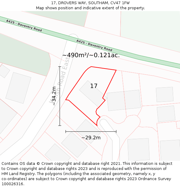 17, DROVERS WAY, SOUTHAM, CV47 1FW: Plot and title map