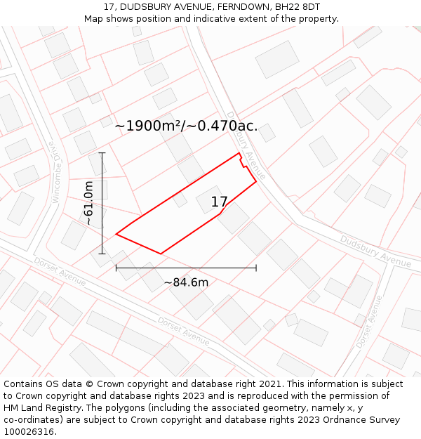 17, DUDSBURY AVENUE, FERNDOWN, BH22 8DT: Plot and title map