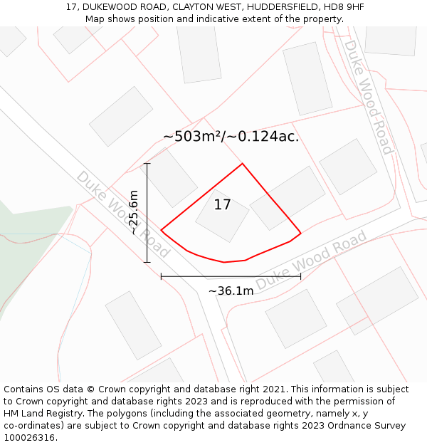 17, DUKEWOOD ROAD, CLAYTON WEST, HUDDERSFIELD, HD8 9HF: Plot and title map