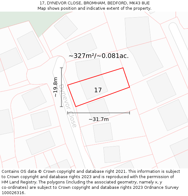 17, DYNEVOR CLOSE, BROMHAM, BEDFORD, MK43 8UE: Plot and title map