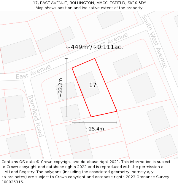 17, EAST AVENUE, BOLLINGTON, MACCLESFIELD, SK10 5DY: Plot and title map