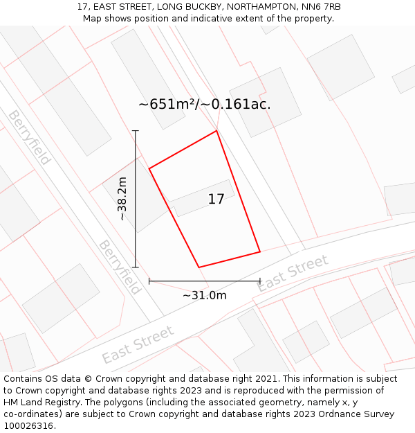 17, EAST STREET, LONG BUCKBY, NORTHAMPTON, NN6 7RB: Plot and title map