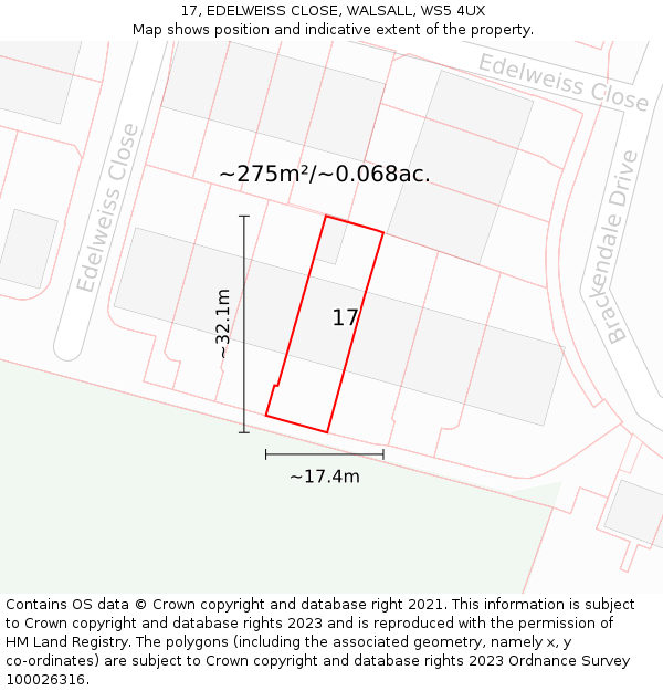 17, EDELWEISS CLOSE, WALSALL, WS5 4UX: Plot and title map