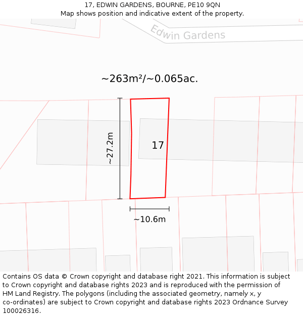 17, EDWIN GARDENS, BOURNE, PE10 9QN: Plot and title map