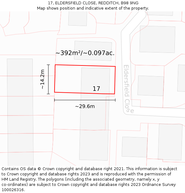 17, ELDERSFIELD CLOSE, REDDITCH, B98 9NG: Plot and title map