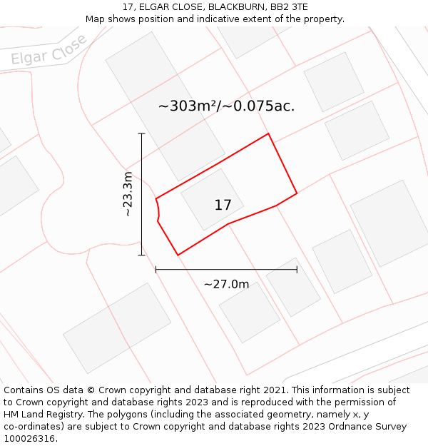 17, ELGAR CLOSE, BLACKBURN, BB2 3TE: Plot and title map