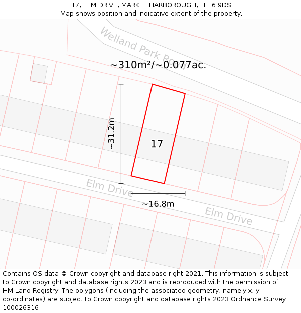 17, ELM DRIVE, MARKET HARBOROUGH, LE16 9DS: Plot and title map