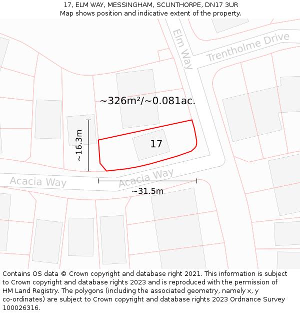 17, ELM WAY, MESSINGHAM, SCUNTHORPE, DN17 3UR: Plot and title map