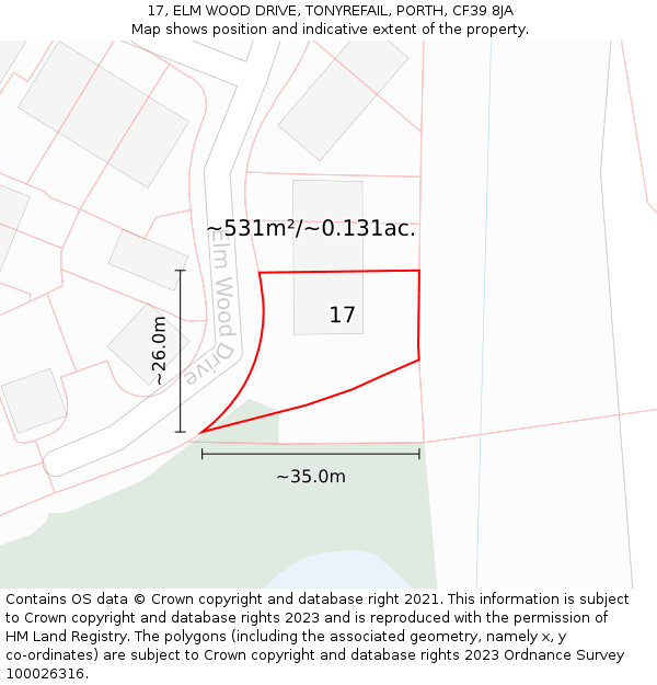 17, ELM WOOD DRIVE, TONYREFAIL, PORTH, CF39 8JA: Plot and title map