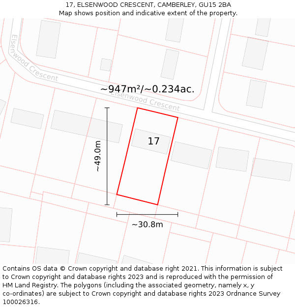 17, ELSENWOOD CRESCENT, CAMBERLEY, GU15 2BA: Plot and title map