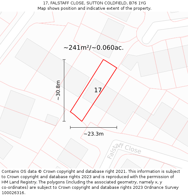 17, FALSTAFF CLOSE, SUTTON COLDFIELD, B76 1YG: Plot and title map