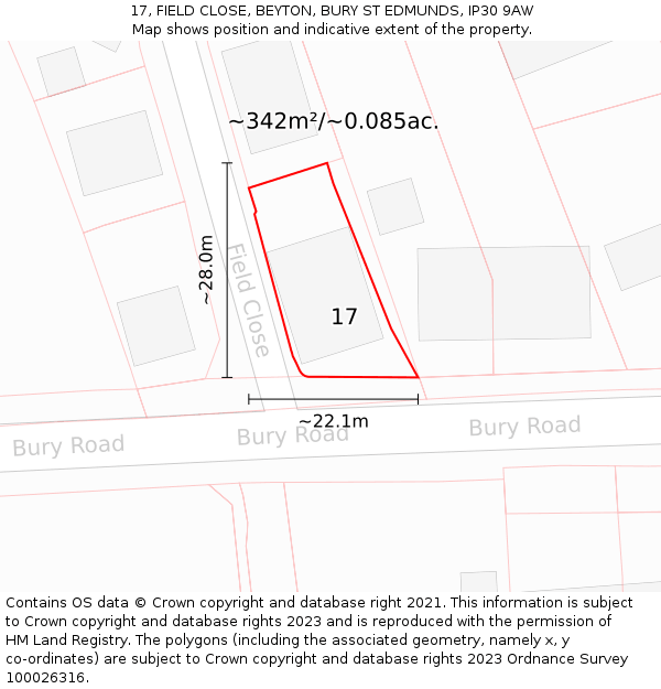 17, FIELD CLOSE, BEYTON, BURY ST EDMUNDS, IP30 9AW: Plot and title map