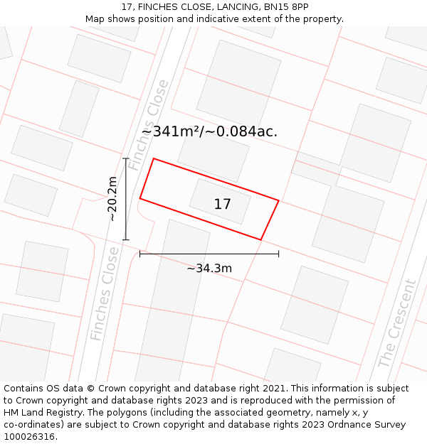 17, FINCHES CLOSE, LANCING, BN15 8PP: Plot and title map