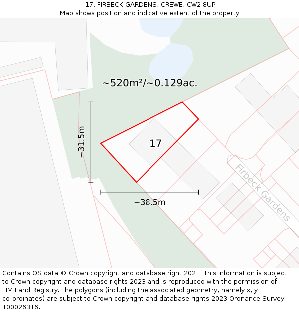 17, FIRBECK GARDENS, CREWE, CW2 8UP: Plot and title map