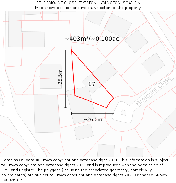 17, FIRMOUNT CLOSE, EVERTON, LYMINGTON, SO41 0JN: Plot and title map