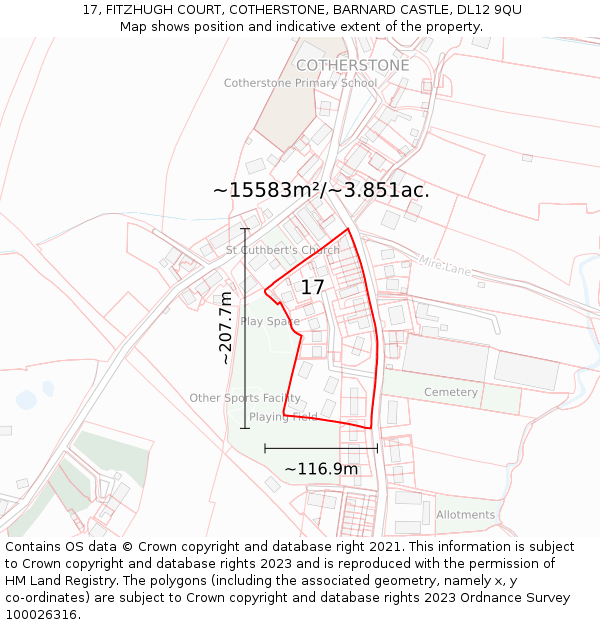 17, FITZHUGH COURT, COTHERSTONE, BARNARD CASTLE, DL12 9QU: Plot and title map