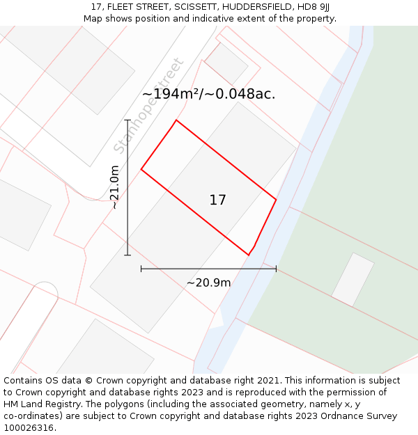 17, FLEET STREET, SCISSETT, HUDDERSFIELD, HD8 9JJ: Plot and title map