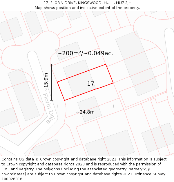 17, FLORIN DRIVE, KINGSWOOD, HULL, HU7 3JH: Plot and title map