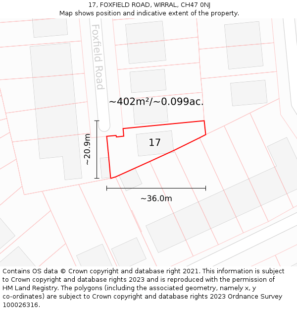 17, FOXFIELD ROAD, WIRRAL, CH47 0NJ: Plot and title map