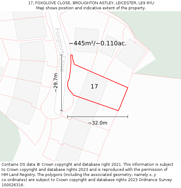 17, FOXGLOVE CLOSE, BROUGHTON ASTLEY, LEICESTER, LE9 6YU: Plot and title map
