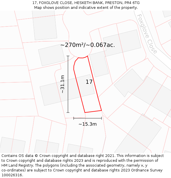 17, FOXGLOVE CLOSE, HESKETH BANK, PRESTON, PR4 6TG: Plot and title map