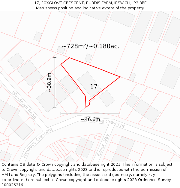 17, FOXGLOVE CRESCENT, PURDIS FARM, IPSWICH, IP3 8RE: Plot and title map