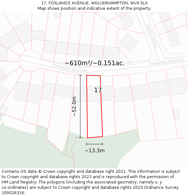 17, FOXLANDS AVENUE, WOLVERHAMPTON, WV4 5LX: Plot and title map