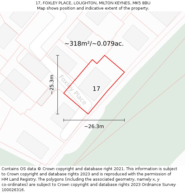 17, FOXLEY PLACE, LOUGHTON, MILTON KEYNES, MK5 8BU: Plot and title map